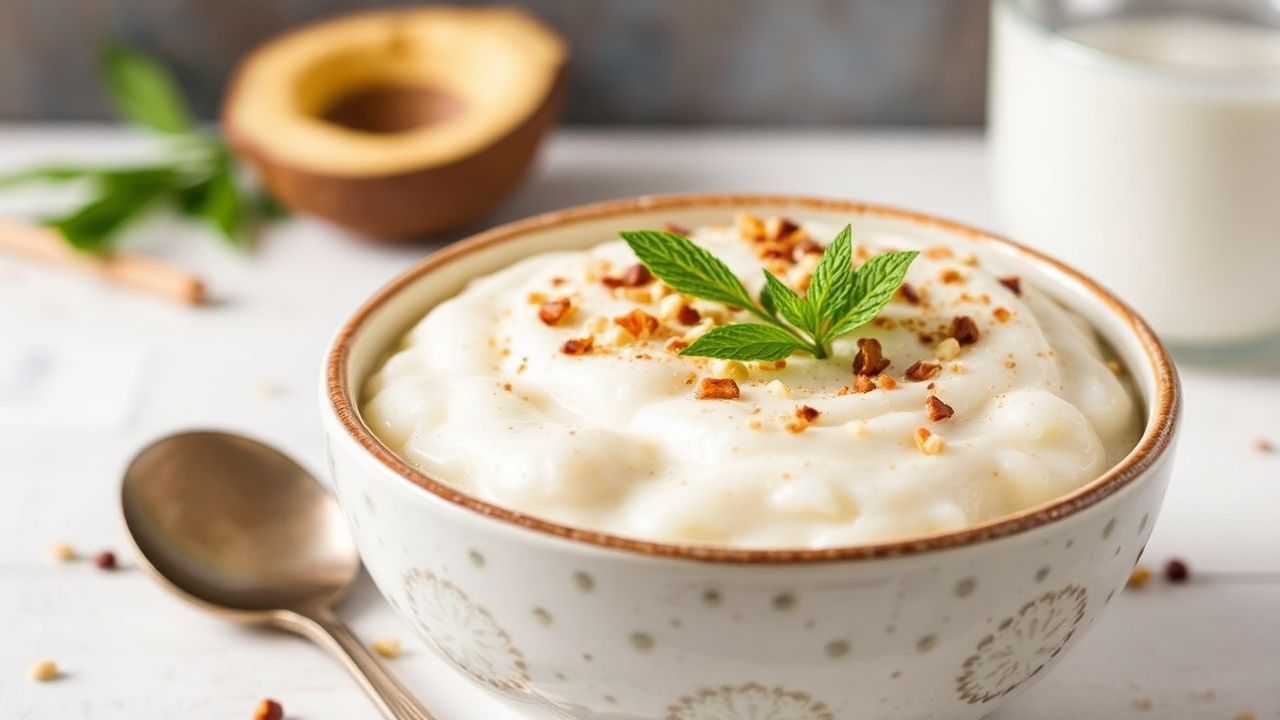 بودينغ الأرز الكريمي بجوز الهند والهيل، حلوى عربية لذيذة ومذاق غني.
