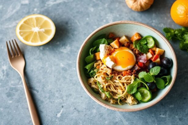 وعاء نباتي مشرق مع صوص زبدي ميسو زنجبيل حار يضفي توهجًا زهيًا، جاهز للتقديم.