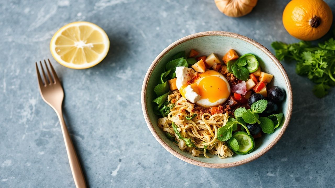 وعاء نباتي مشرق مع صوص زبدي ميسو زنجبيل حار يضفي توهجًا زهيًا، جاهز للتقديم.