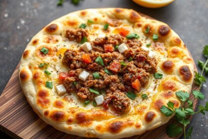 lahmacun: خبز مسطح تركي متبّل باللحم المفروم والأعشاب، مقبلات شهية بنكهة لذيذة.