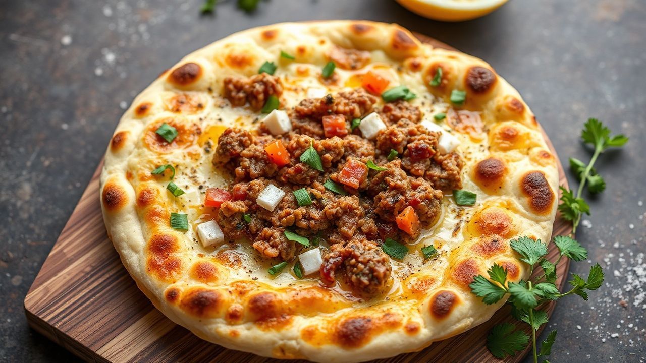 lahmacun: خبز مسطح تركي متبّل باللحم المفروم والأعشاب، مقبلات شهية بنكهة لذيذة.