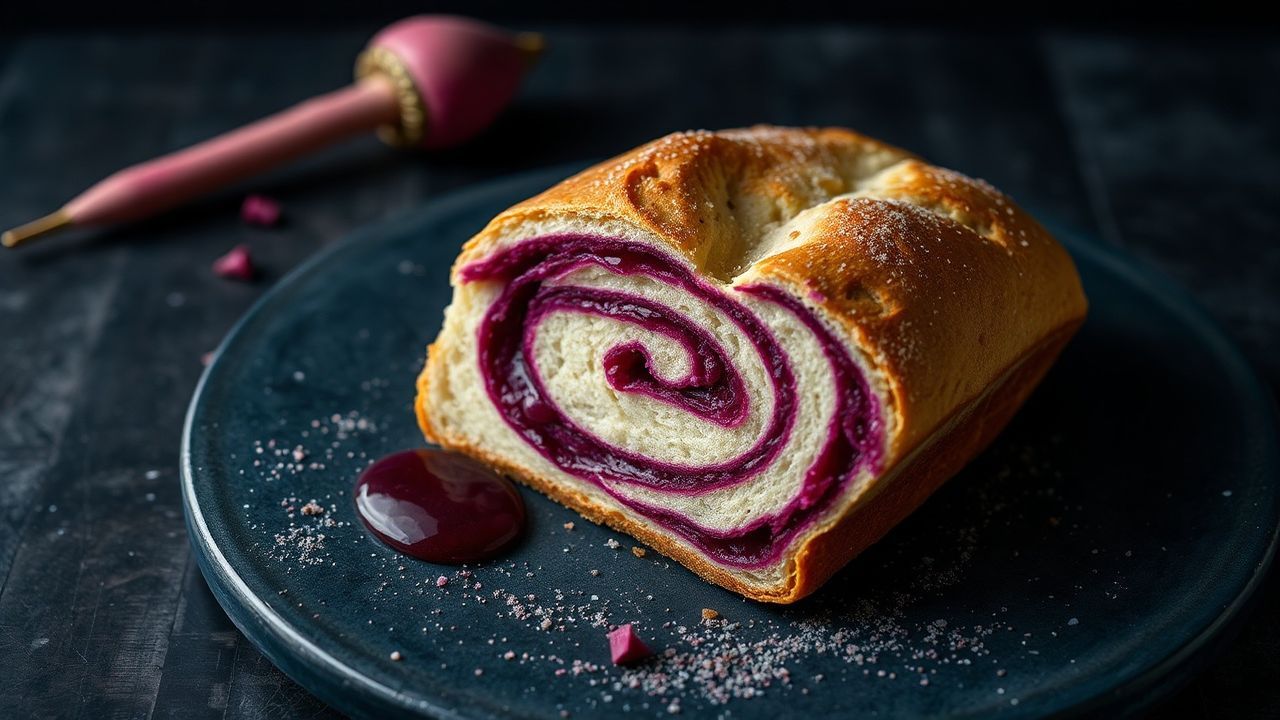 خبز حلزوني بالقِضمات، مع مربى البطاطا البنفسجية الحلوة المتعرّج، للّذة اكتشفها.
