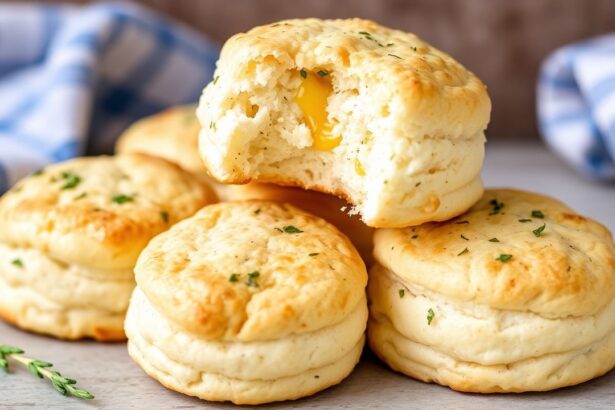 Fluffy biscuits in a tray, studded with cheese and herbs, ready as 12-count drop biscuits.