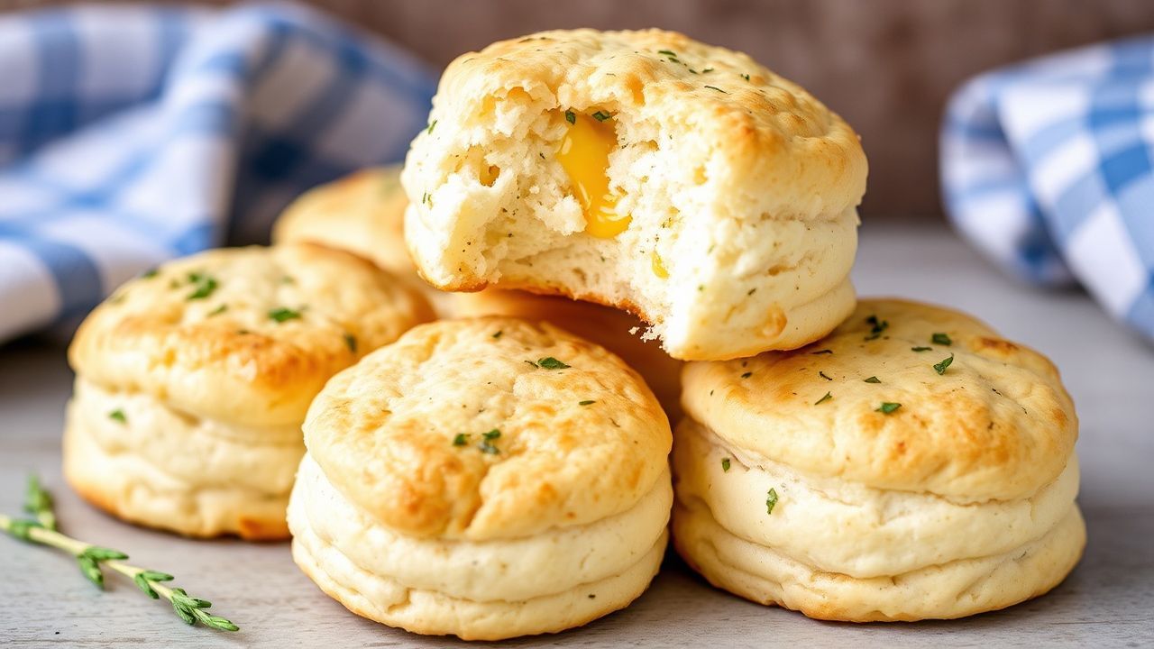 Fluffy biscuits in a tray, studded with cheese and herbs, ready as 12-count drop biscuits.
