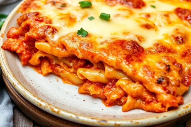 معكرونة زِتي نباتية مخبوزة بالجبن النباتي الذائب وصلصة مارينارا زِستية، منظر شهّي.