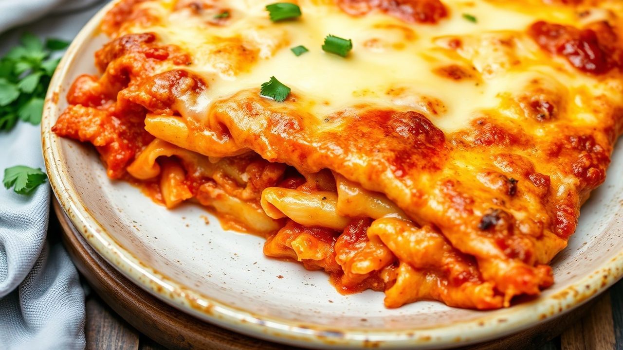 معكرونة زِتي نباتية مخبوزة بالجبن النباتي الذائب وصلصة مارينارا زِستية، منظر شهّي.