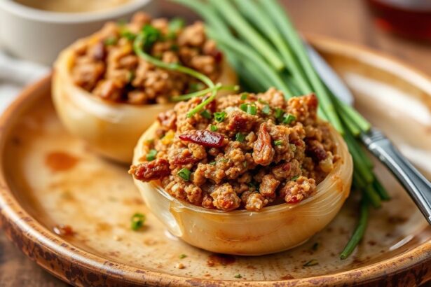 أصابع بصل محشي باللحم البقري والتوابل الشهية، طبق شهي “Savory Stuffed Onions”.