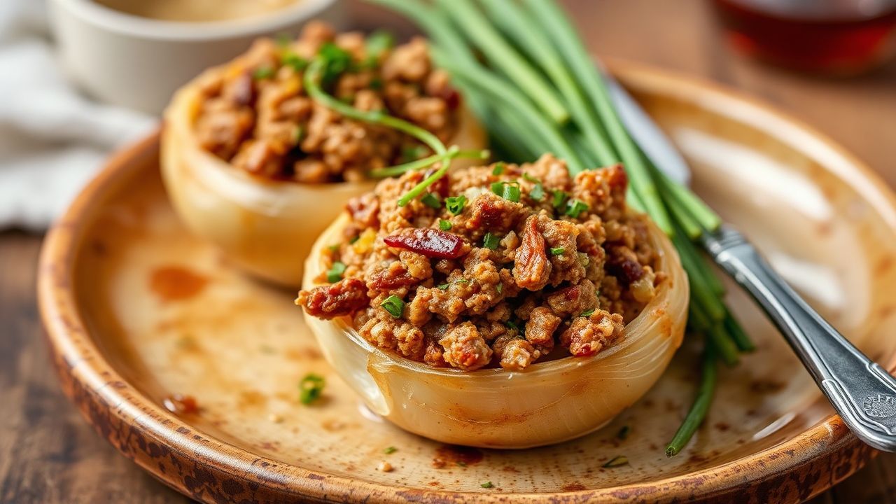 أصابع بصل محشي باللحم البقري والتوابل الشهية، طبق شهي “Savory Stuffed Onions”.