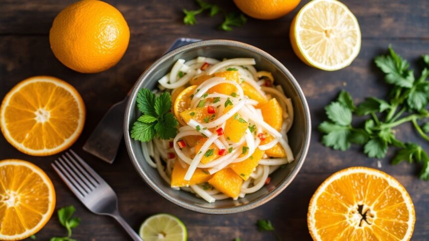 سلطة جicama والبرتقال المنعشة بنكهة حارة بنمط ليمون وفلفل، زِست irresistible.