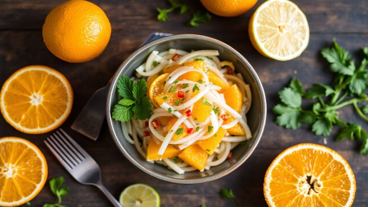 سلطة جicama والبرتقال المنعشة بنكهة حارة بنمط ليمون وفلفل، زِست irresistible.