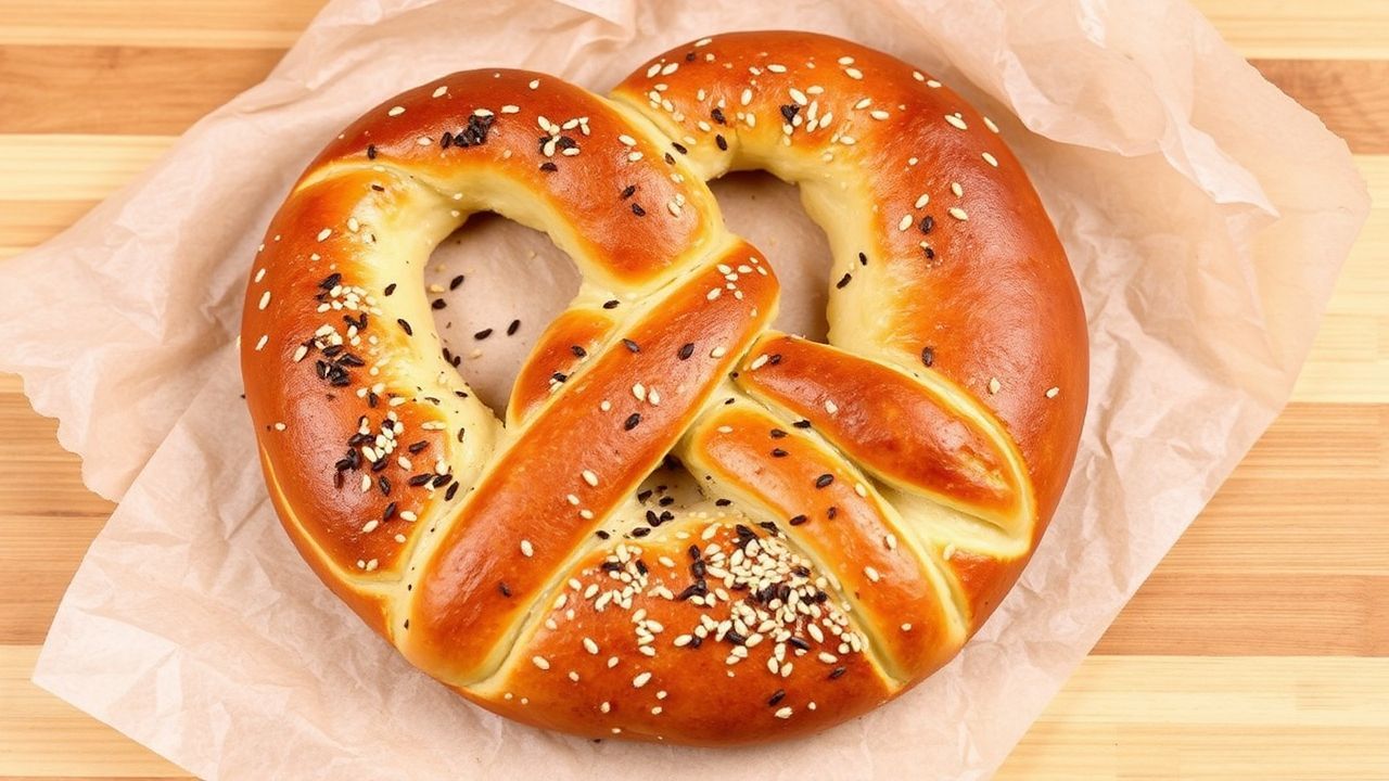 خبز بletzel بالطحين والبصل وبذور الخشخاش، مقرمش ولذيذ، منظر شهّي يبرز الإبداع.