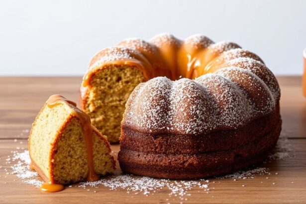 كعكة الكراميل الغنية والزبدية، طرية ومغطاة بصلصة لامعة—حلوى دسمة مثالية.