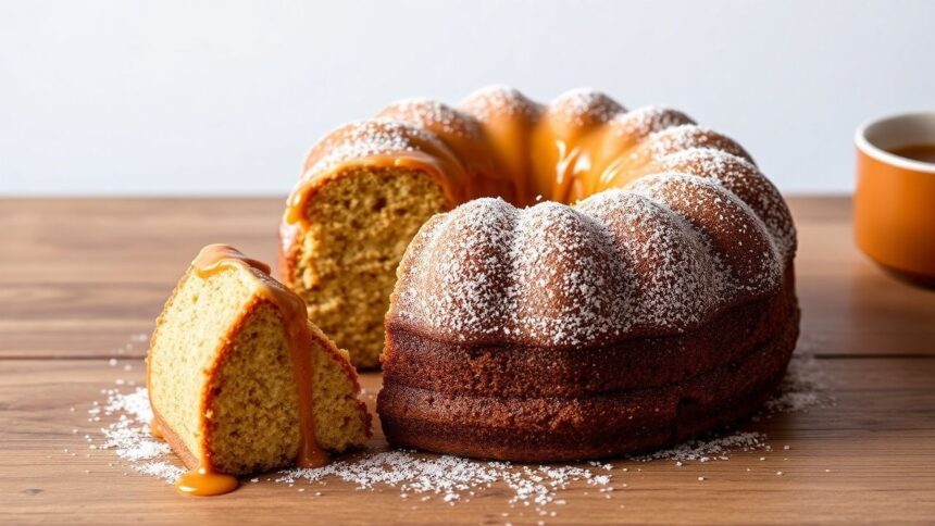 كعكة الكراميل الغنية والزبدية، طرية ومغطاة بصلصة لامعة—حلوى دسمة مثالية.