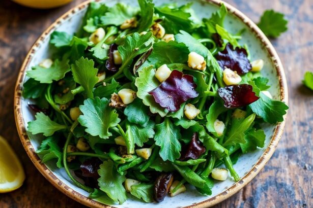 خضار برية مقلية بالليمون والثوم، زينة لذيذة بنكهة زesty، مع صوص رقيق من الثوم والليمون