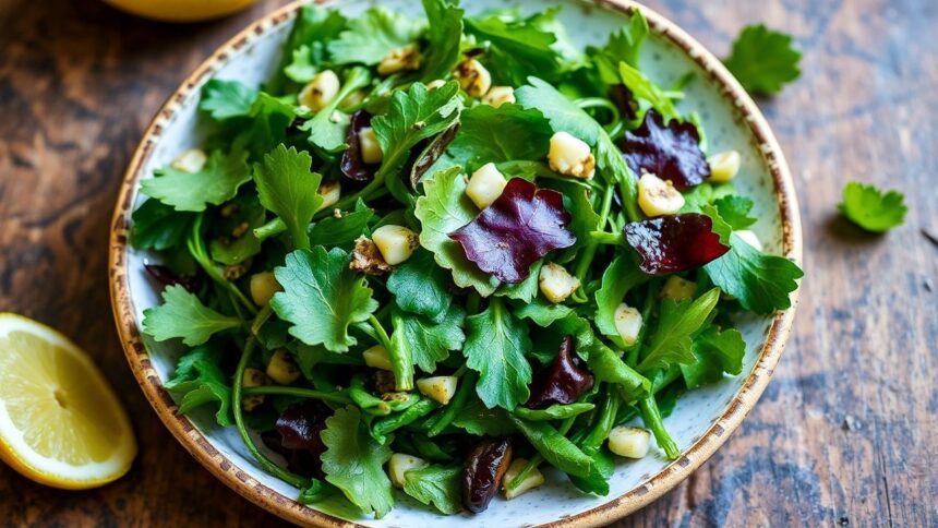 خضار برية مقلية بالليمون والثوم، زينة لذيذة بنكهة زesty، مع صوص رقيق من الثوم والليمون