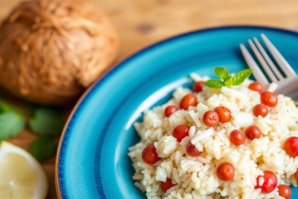 أرز جوز هند كريمي صحي مع البازلاء على طريقة كاريبية تقليدية، جاهز للتقديم والملفوف.