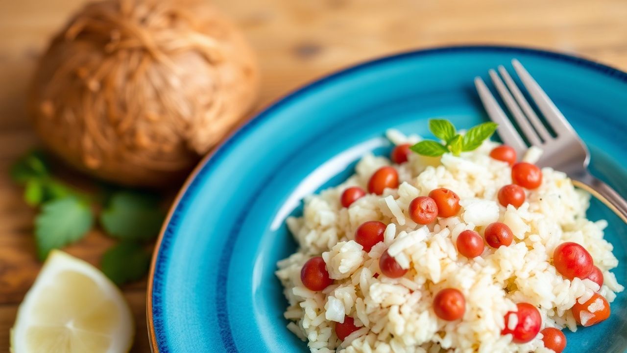 أرز جوز هند كريمي صحي مع البازلاء على طريقة كاريبية تقليدية، جاهز للتقديم والملفوف.