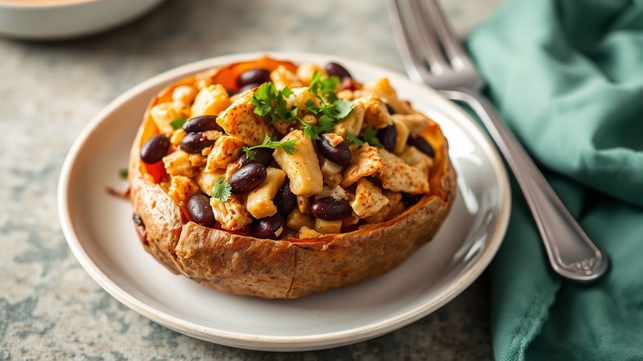 بطاطا حلوة محشية بالدجاج والجبن الأسود بشكل بسيط ومشبع، طبق دافئ وشهي