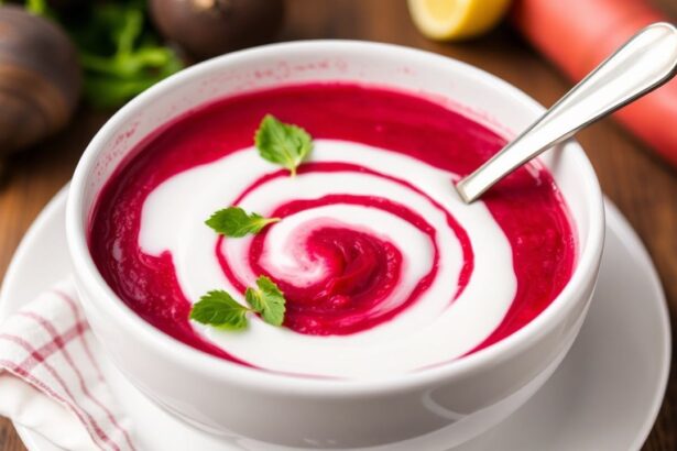 شوربة شمندر كريمية بالزبادي بنكهة قوية، مع قطع شمندر طازجة ومقبلات خضراء.