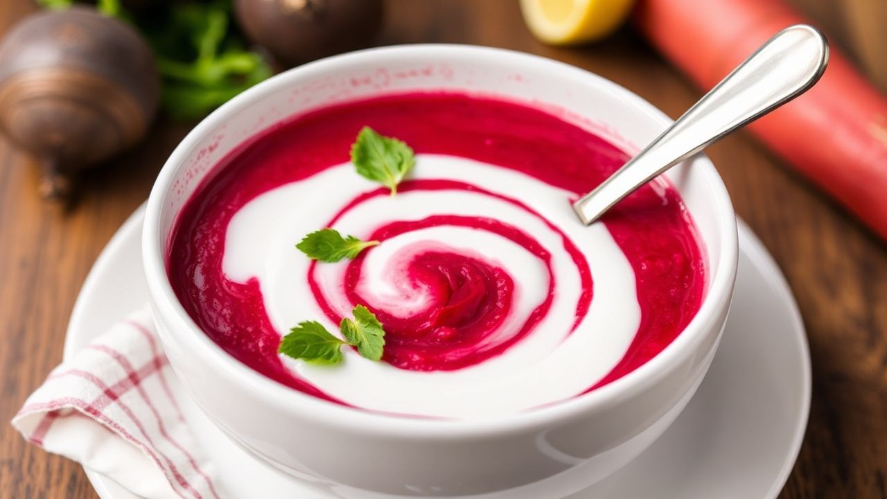 شوربة شمندر كريمية بالزبادي بنكهة قوية، مع قطع شمندر طازجة ومقبلات خضراء.