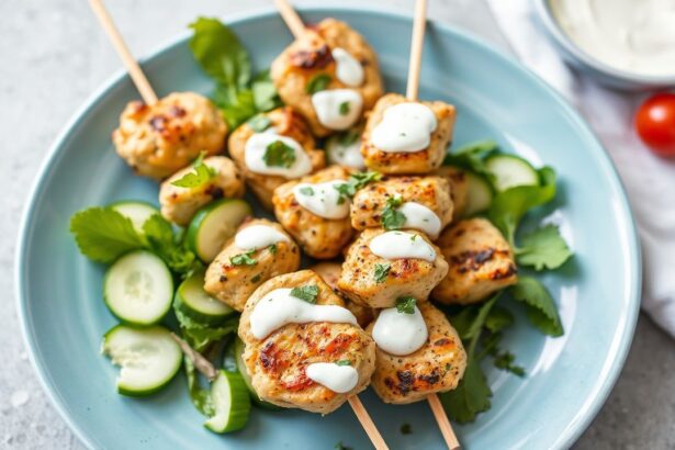 أسياخ دجاج زعترية متبلة بتزاتزيكي كريمي، نكهات يونانية منعشة على طريقة.