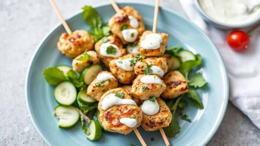 أسياخ دجاج زعترية متبلة بتزاتزيكي كريمي، نكهات يونانية منعشة على طريقة.