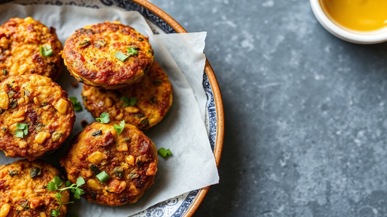 فطائر عدس وخضار مقرمشة مع خضار مشكلة ولون ذهبي، إضافة نكهة صحية للغاية