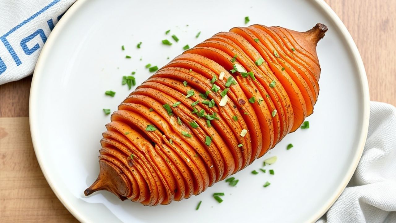 طبق بطاطا حلوة هاسلباك شرائح مع أعشاب طازجة، لمسة نكهة سهلة لترقية العشاء