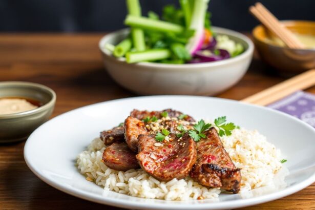 شرائح لحم بقري متبلة صحية مع أرز مقلي بالثوم، منظر شهّي على طبق.