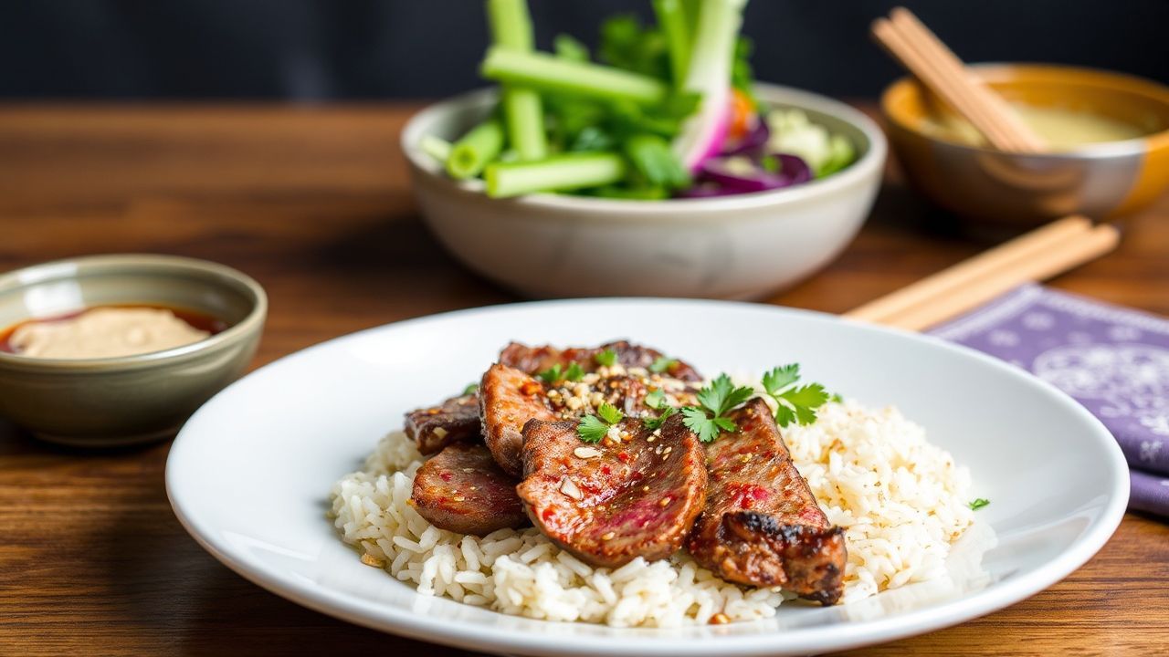 شرائح لحم بقري متبلة صحية مع أرز مقلي بالثوم، منظر شهّي على طبق.