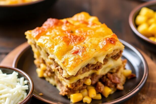 Corn potato beef casserole with creamy layers and baked golden topping in a crowd-size dish.