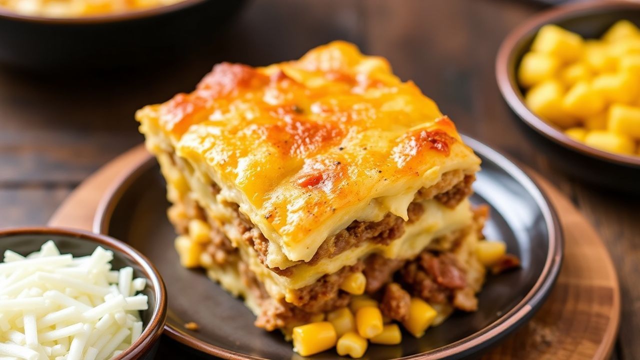 Corn potato beef casserole with creamy layers and baked golden topping in a crowd-size dish.