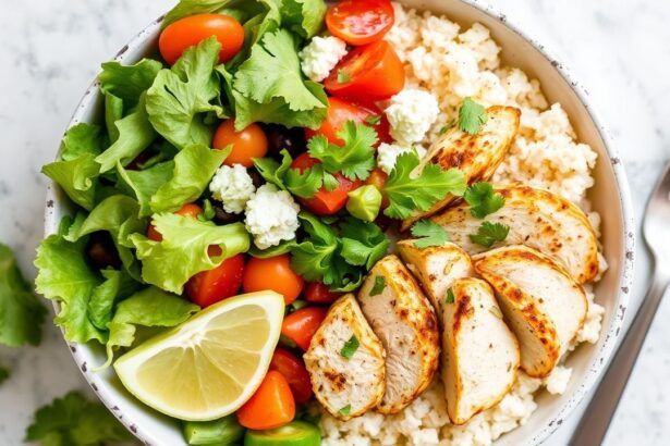 أوعية سلطة دجاج يونانية طازجة مع رز قرنبيط بالثوم، نكهة غنية لكل قضمة.