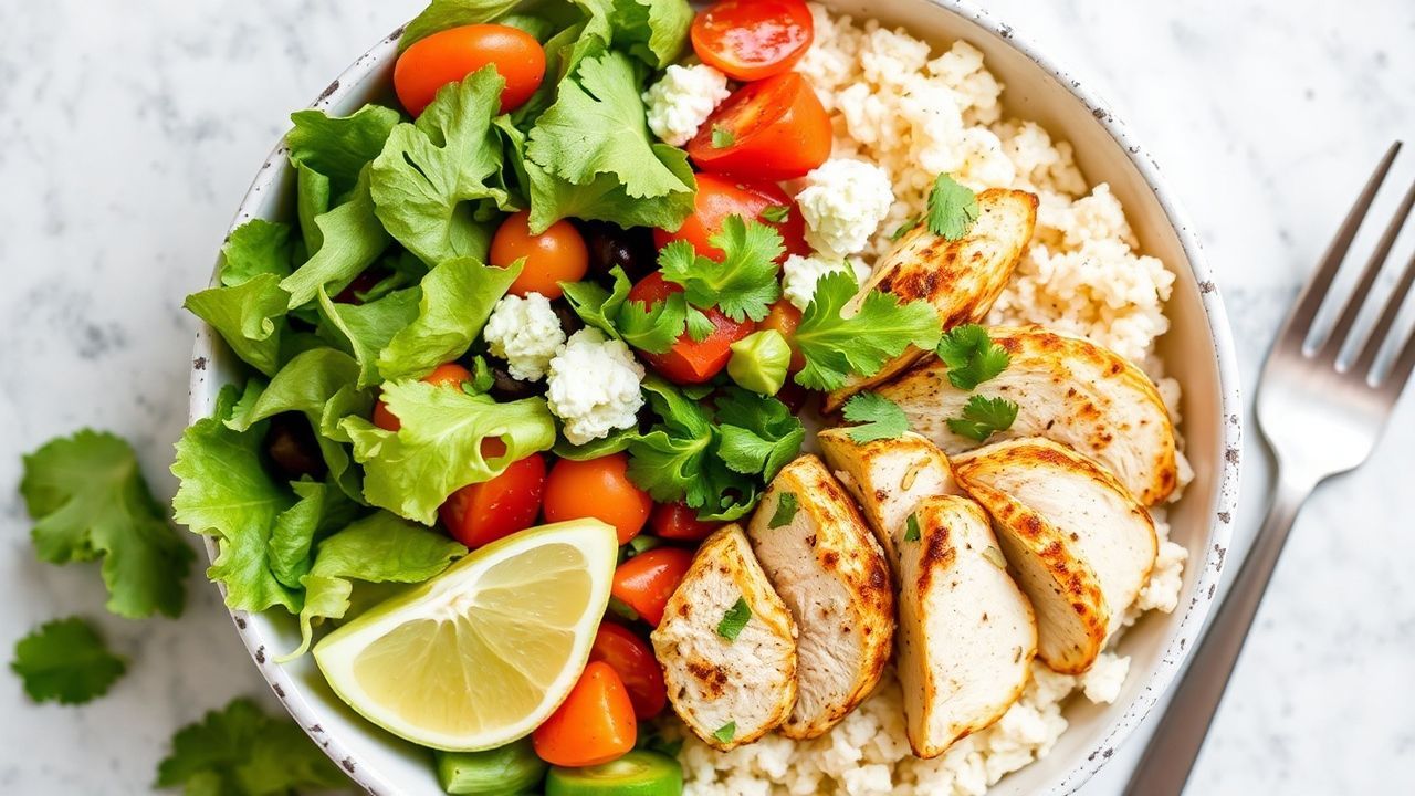 أوعية سلطة دجاج يونانية طازجة مع رز قرنبيط بالثوم، نكهة غنية لكل قضمة.