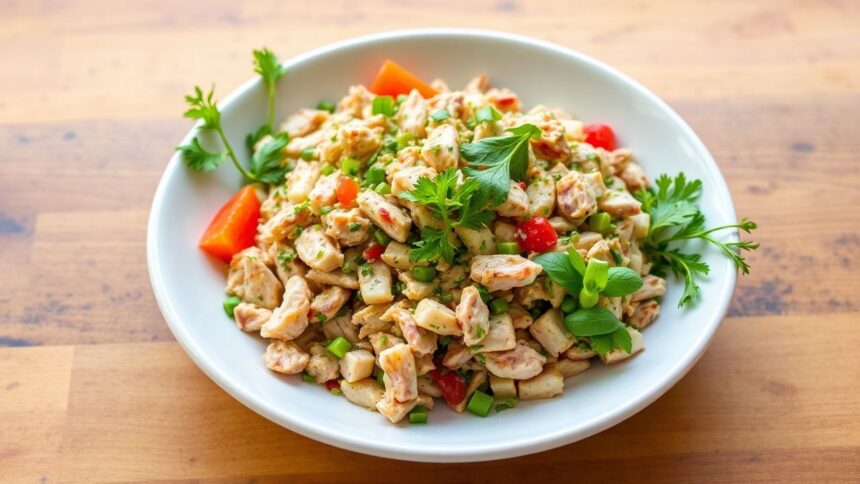 سلطة أعشاب زاستي مع لحم بط مقطع مهروس ونكهات حارة منعشة