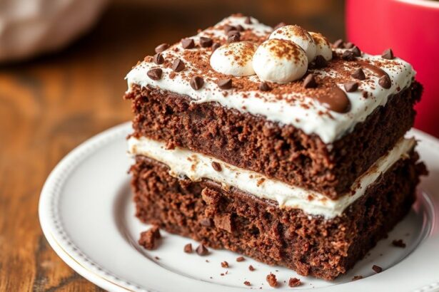 كعكة طبقات شوكولاتة ساخنة فاخرة مع كريمة مارشميلو طرية، تصوير جذّاب.