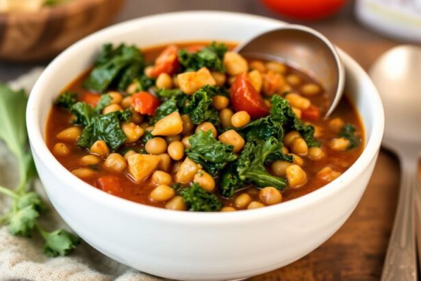 يُظهر وعاء شوربة عدس وكيل خضراء خالية من الغلوتين غنية بالبروتين‎ بملعقة تتلألأ.