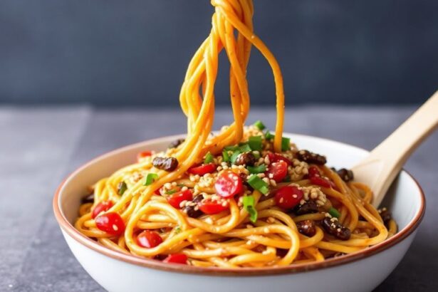 أطباق نودلز سمسم حارة بصلصة نباتية شهية على سطح داكن، بدون كلمة مفتاحية إضافية.