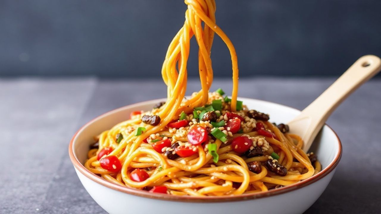 أطباق نودلز سمسم حارة بصلصة نباتية شهية على سطح داكن، بدون كلمة مفتاحية إضافية.