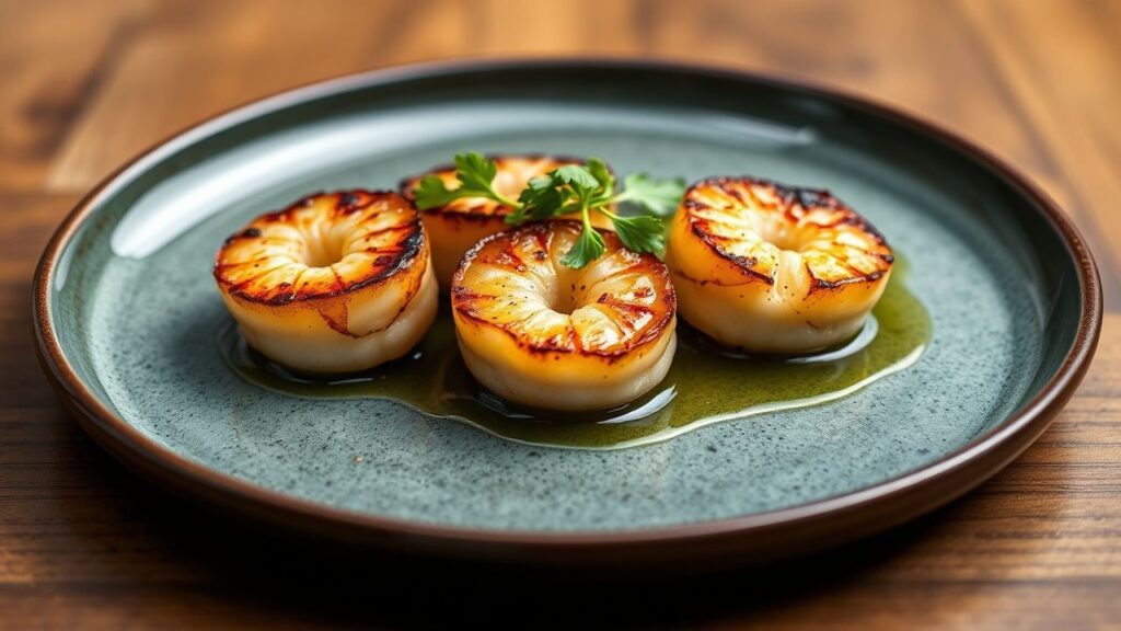 Pan-Seared Scallops with zesty yuzu butter, glossy sear, bright garnish greens on a plate.