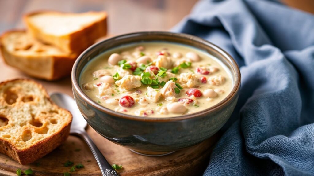 وعاء شهي من الفلفل الحار الأبيض بالدجاج الكريمي يقدم دافئًا ومُرضيًا لتدفئة الجو البارد