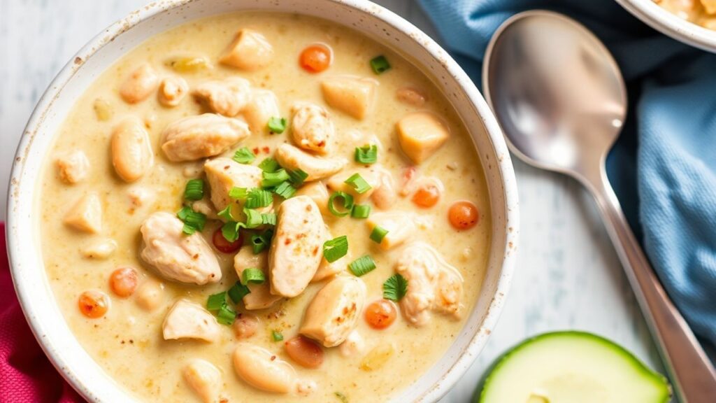 وعاء شهي من الفلفل الحار الأبيض بالدجاج الكريمي يقدم دافئًا ومُرضيًا لتدفئة الجو البارد