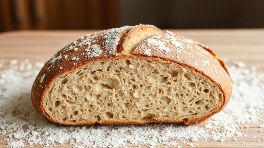 خبز إيكنورن حِرَفي حبة واحدة، يلمع بفتاتٍ ذهبي في توازنٍ بين التقاليد والابتكار، صورة جميلة.