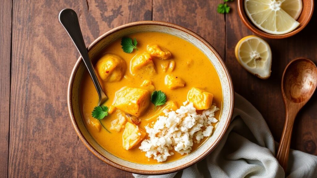 Creamy vegan Thai yellow curry with potatoes in a bowl with herbs