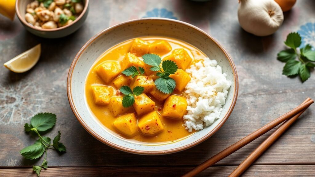 Vegan Thai yellow curry with potatoes and colorful vegetables