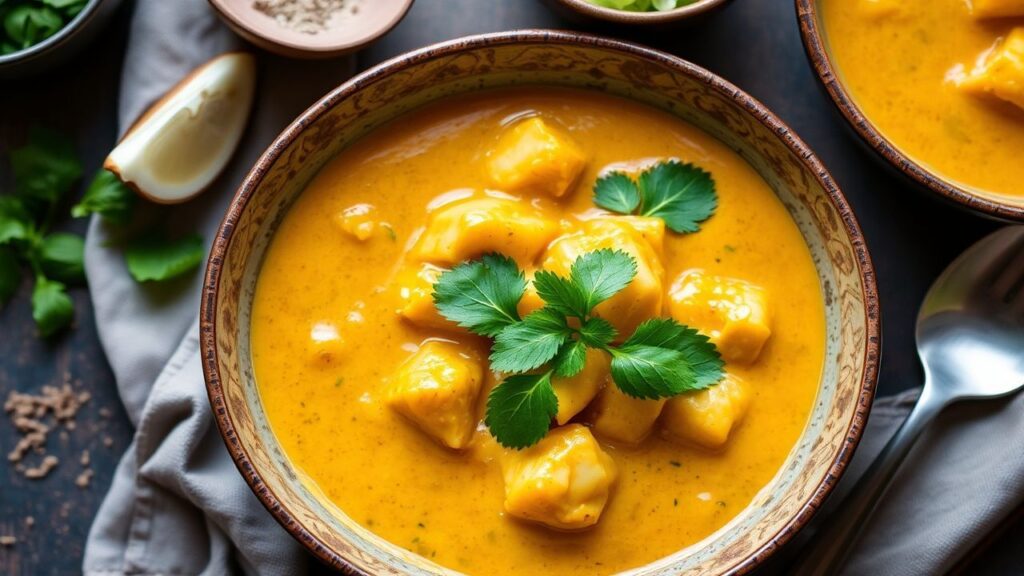 Creamy vegan Thai yellow curry with potatoes garnished with herbs