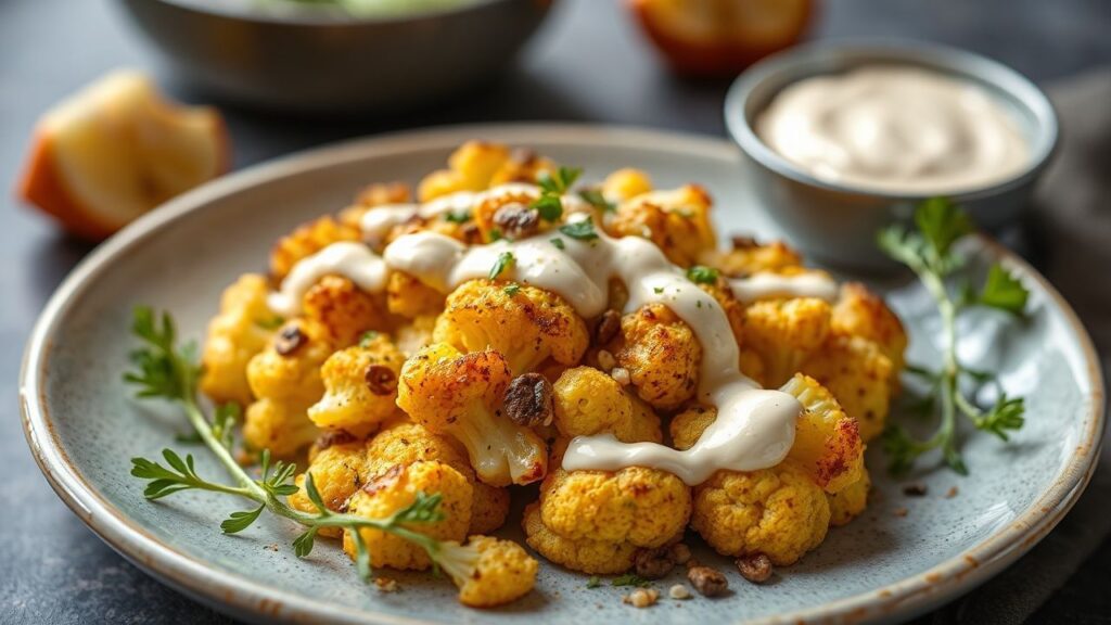 Golden roasted cauliflower with creamy tahini drizzle on a plated dish
