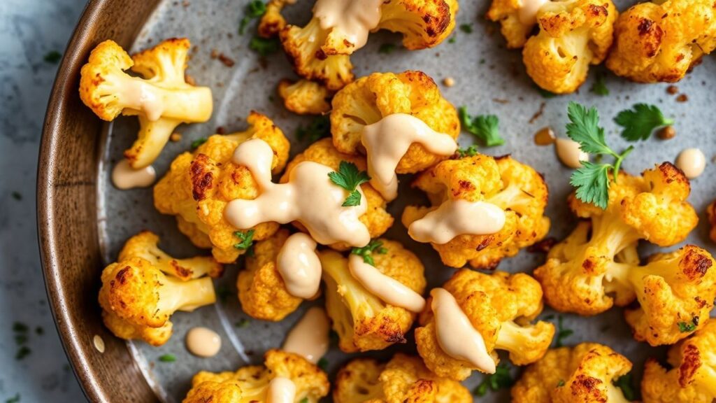 Golden roasted cauliflower with creamy tahini drizzle finished with sesame seeds