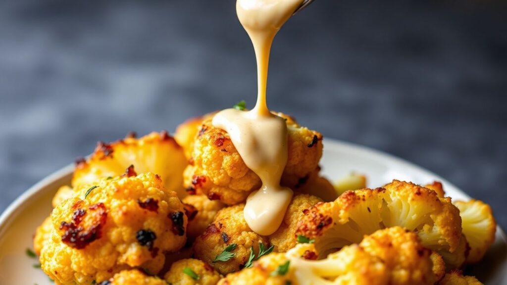 Plated golden roasted cauliflower with creamy tahini drizzle and parsley garnish