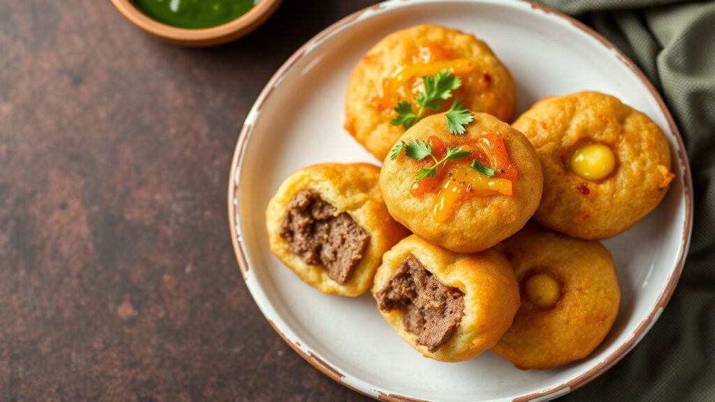 Crispy stuffed fritters with green bananas and beef